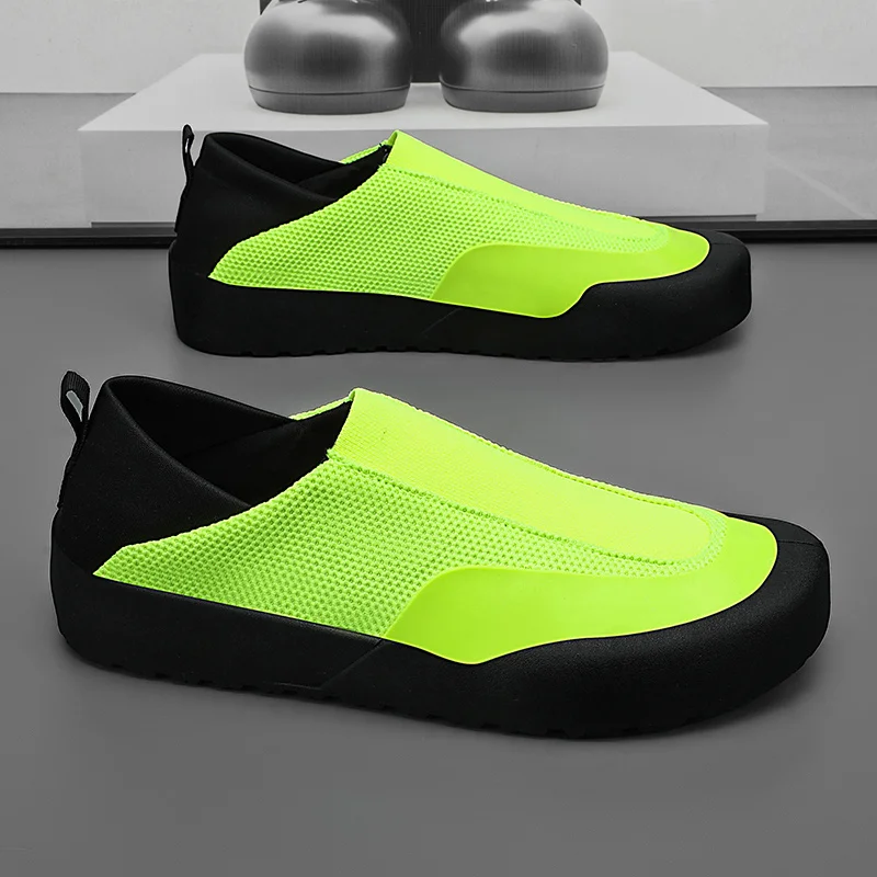 Sapatos casuais de malha respirável masculino, sapatos planos confortáveis, verde, slip-on, andando, dirigindo, moda verão, novo