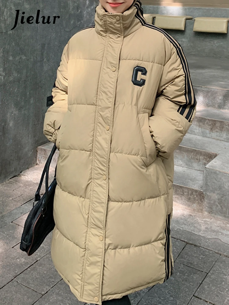 

Jielur Ins Chicly Letter Print Loose Female Parkas Spell Color Classic Simple Casual Single Breasted Women Parkas Long Down Coat