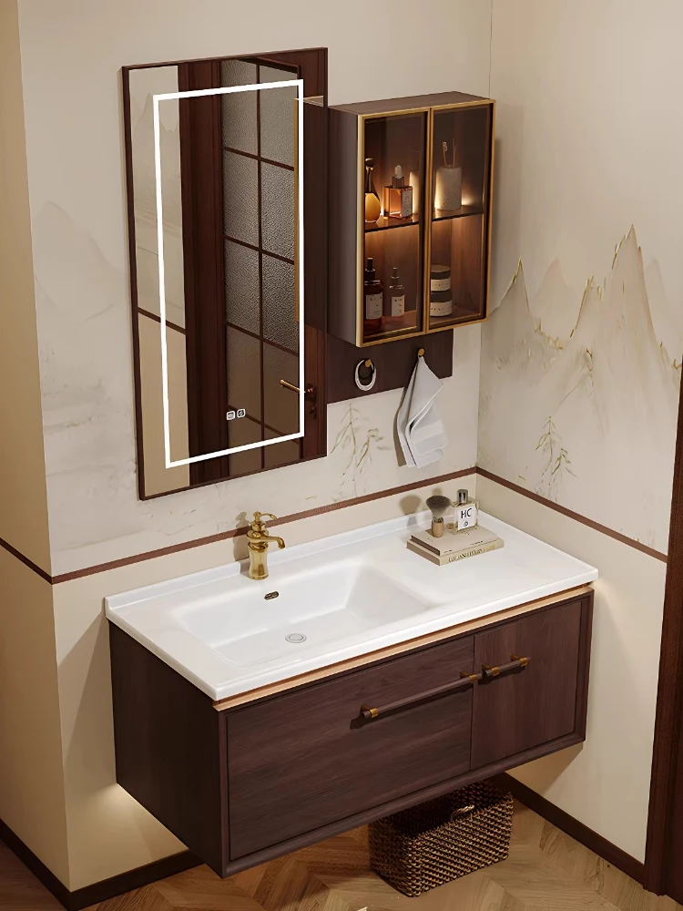 

Ceramic integrated basin Song's aesthetics new Chinese rubber wood feng shui folding mirror bathroom cabinet customization