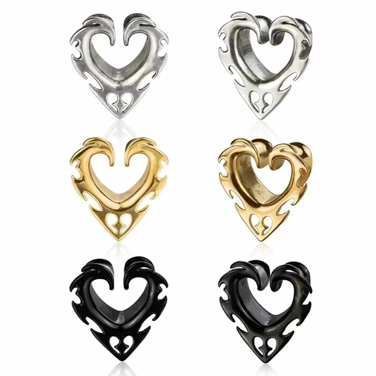 2pcs Copper Alloy Heart Shape Tunnel Ear Plugs Hollow Ear Support Expander Piercing Jewelry for Men and Women