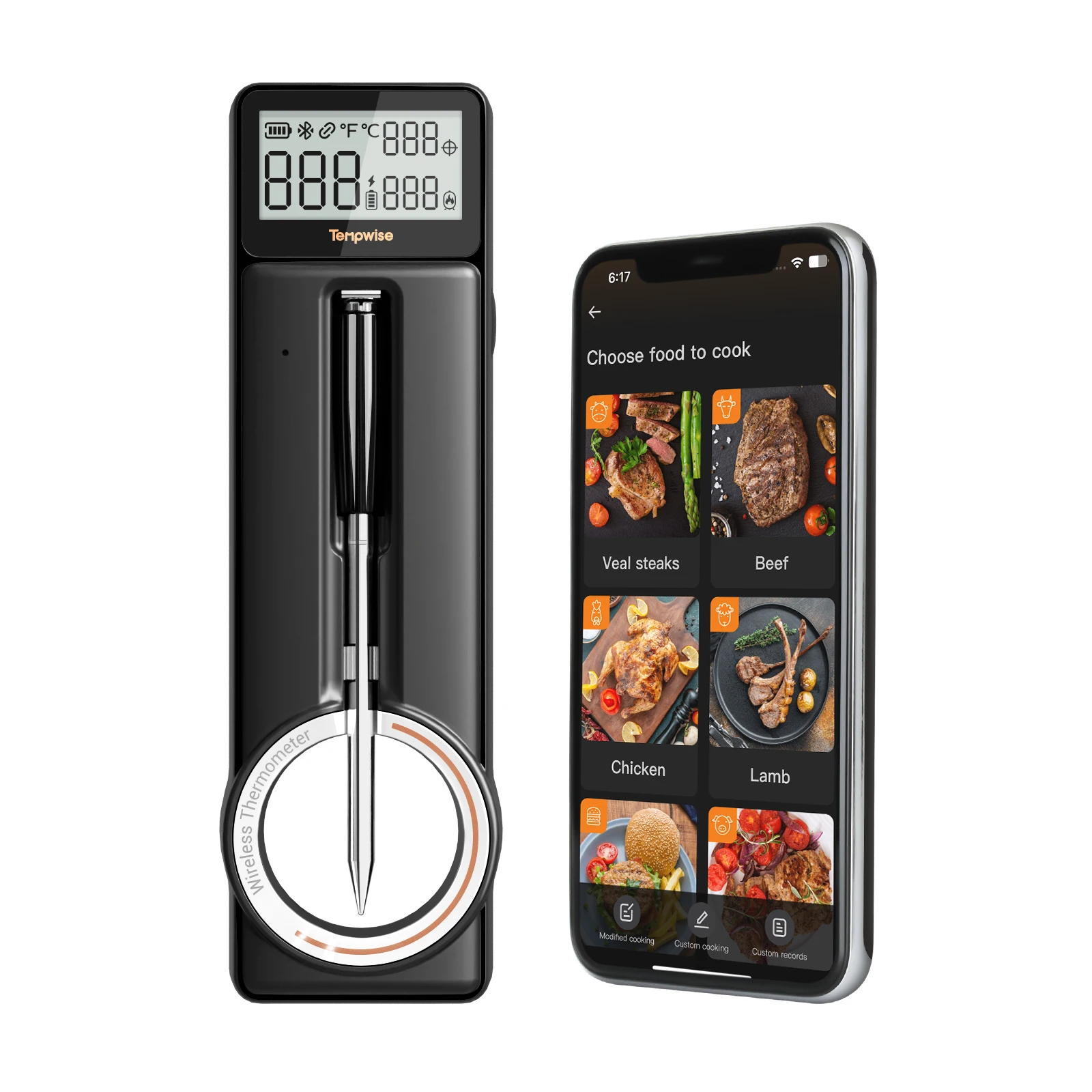 Bluetooth 5.4 meat thermometer 5mm ultra thin probe HD LCD display multiple temperature alarms thermometer idea for Cook Grill