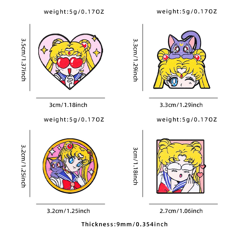 4 Pcs Sailor Moon Heart Shape Enamel Pins Cartoon Brooch Creativity Metal Badges for Backpack Clothing Jewelry Holiday Gift