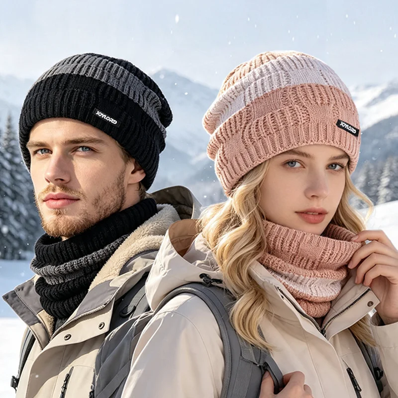 2pcs/Set Warm Knitted Hat and Scarf Set  for Men and Women Pullover Hat Plus Velvet Ear Protection Winter outdoor