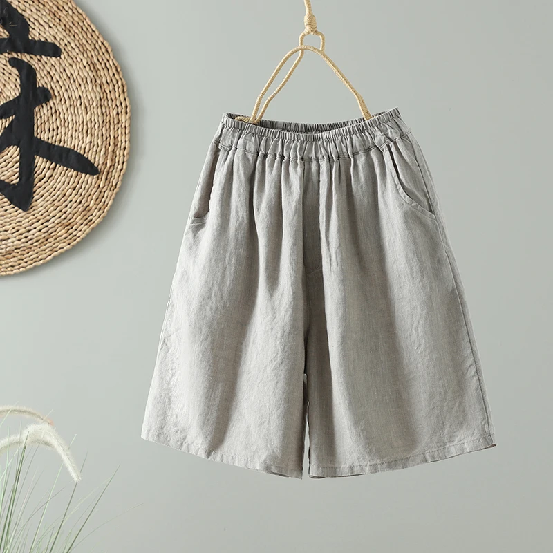 Décontracté lin femmes orts été nouveau taille élastique ample jambe droite pantalon mince modèle quatrième taille élastique taille haute