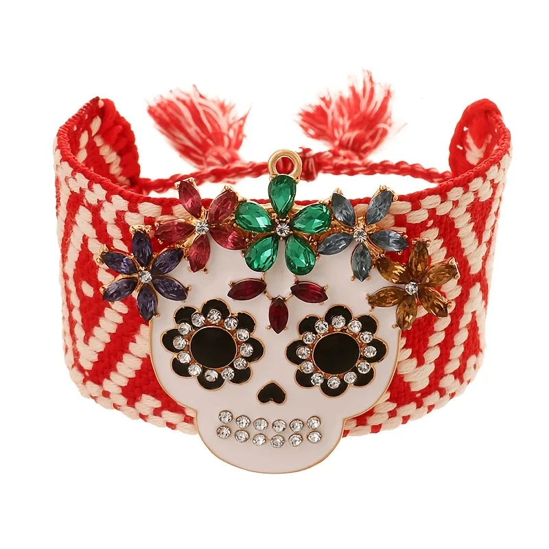 1pc Exquisite, quirky, and fashionable multi-colored alloy bracelet with rhinestone-studded flowers and skull tassels, perfect f