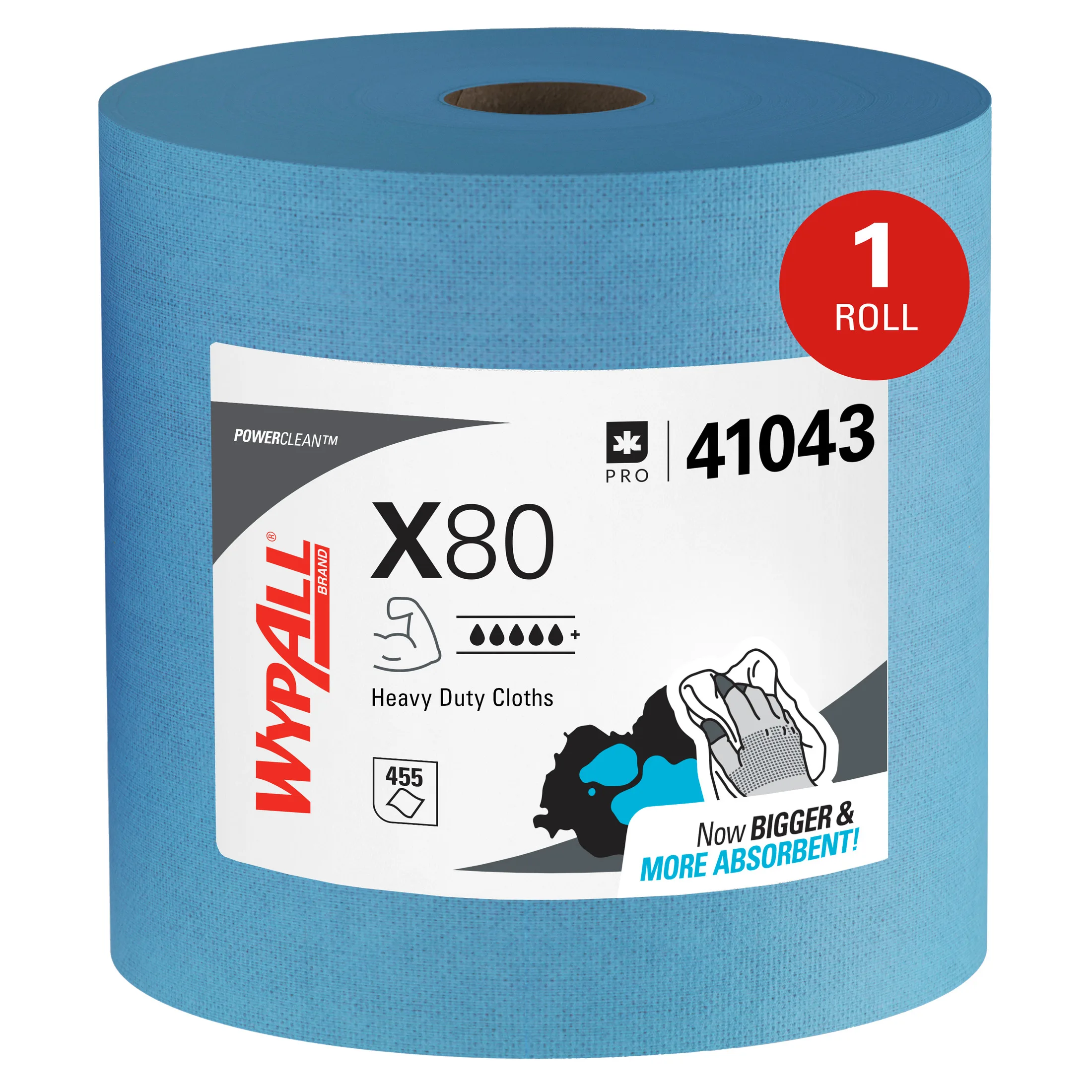 Paños PowerClean X80 de Alta Resistencia (41043), Jumbo, Toallas de Uso Prolongado, Azules (1 Rollo de 455 Hojas, 455 Hojas en Total)