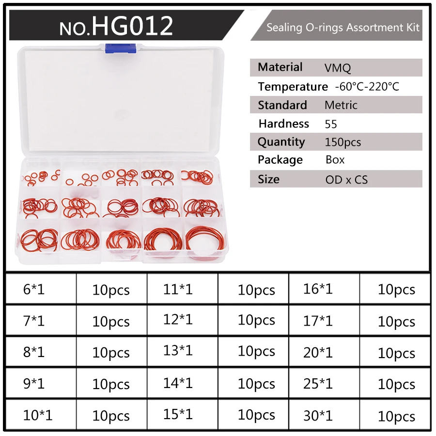 150 pçs/caixa pcp paintball vmq vedação o-rings od 6mm-30mm cs 1mm 1.5mm 1.9mm 2.4mm substituições de junta de silicone vermelho