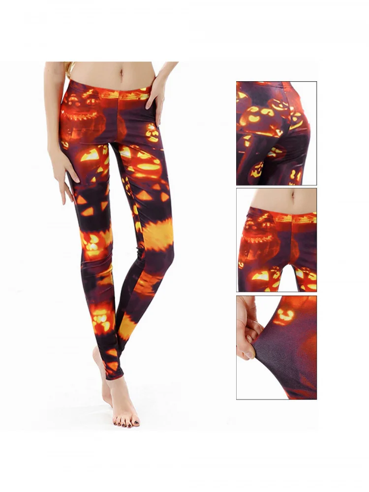Halloween Digital Print Tight Pants Pumpkin Pattern Performance Show Tummy Control Party Base Layer Pants High Waist Band