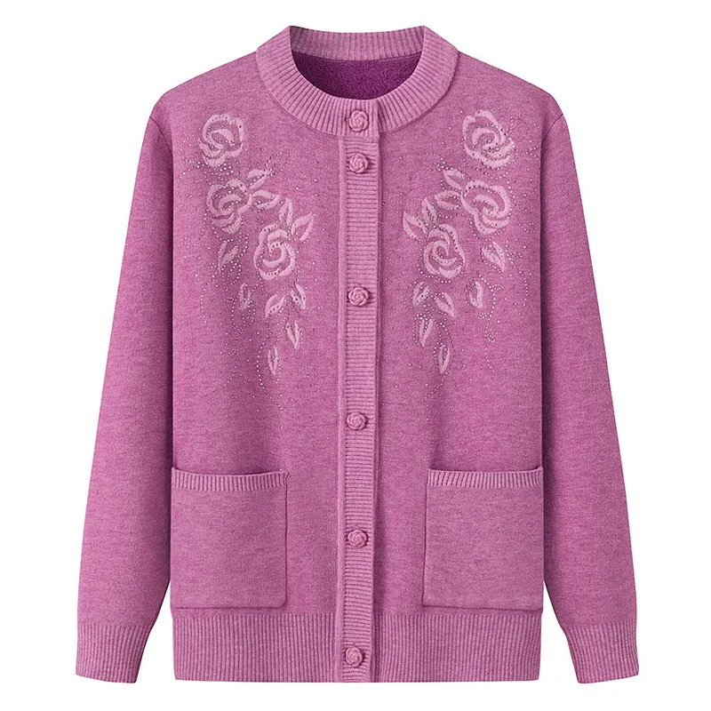 Autumn Winter Sweater Coat Women Warm Middle- Aged Mother Knitted Sweater Embroidered Plush Grandma Cardigan Tops Women 4XL 2914