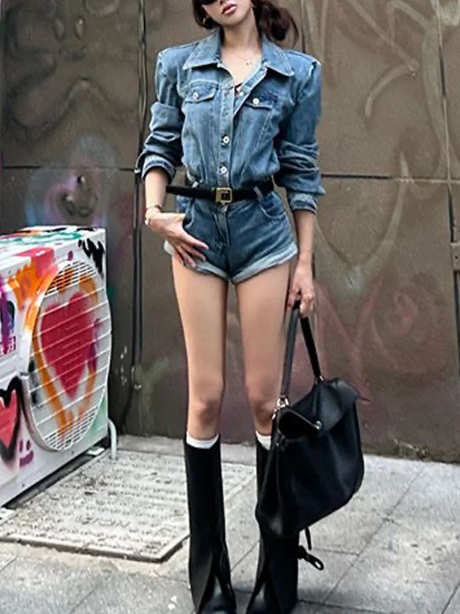 Retro High Waist Wide Leg Denim Jumpsuit Women's Spicy Girl Design Short Pants Blue Color Spring Season Ladies Fashion