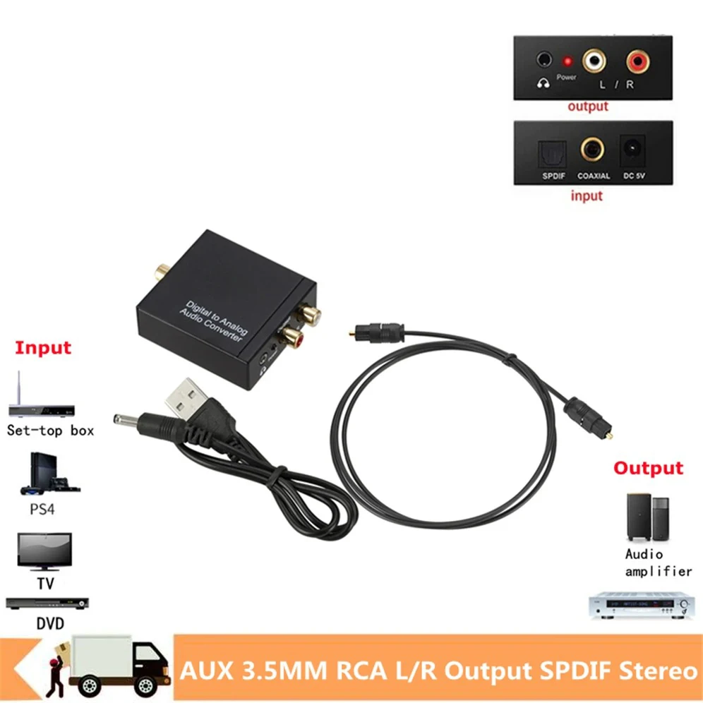 

AUX 3.5MM RCA L/R Output SPDIF Stereo Digital Audio USB DAC Amplifier Adapter Optical Digital Fiber To Analog Converter