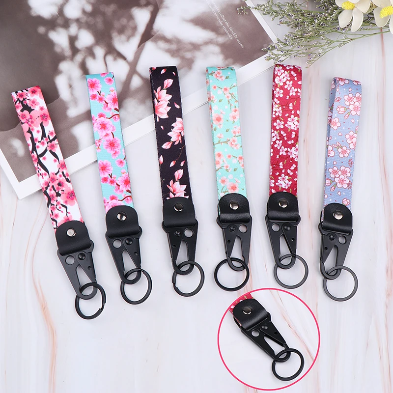 1Pc Sakura Car Keychain Cherry Blossom Lanyard Hanging Strap With Metal Key Holder Car Motorcycle Key Ring Accessories Gift