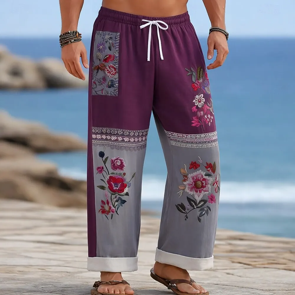 

Мужские свободные брюки с цветочным принтом и цветовыми блоками, в богемном стиле, ретро, для дома и отдыха, с эластичным поясом на шнурке, льняные, с карманами