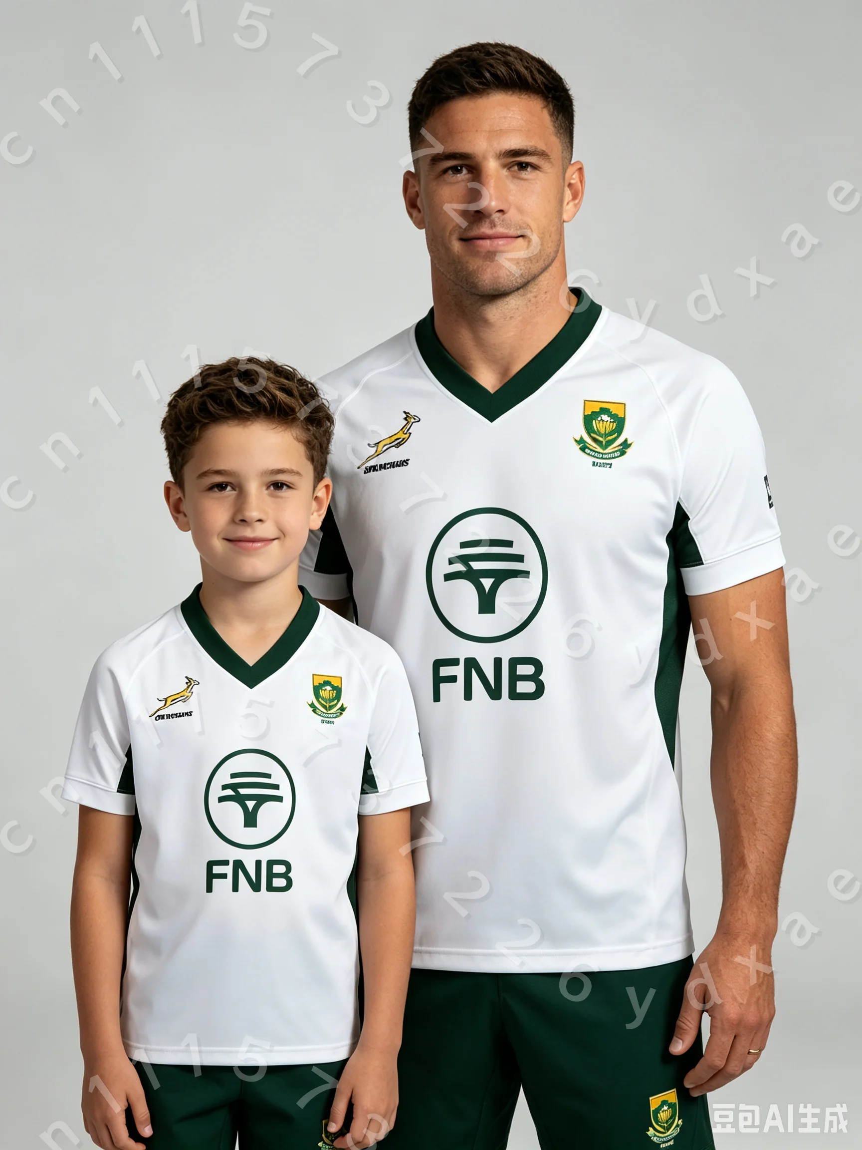 Parent Kid South Africa National Rugby Theme Jersey White Green V Neck Emblem & Brand Print Breathable Short Sleeve Sports Top