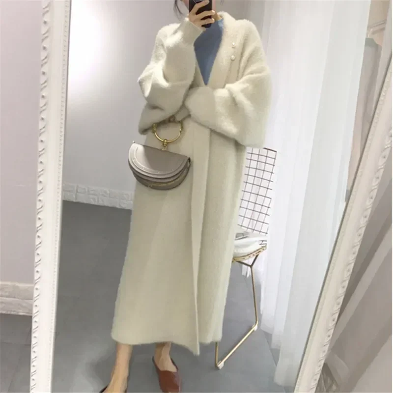 New Fall Winter Fashion Mink fleece Sweater Loose Casual Oversize Soft Cashmere Long Cardigan Jacket Chic Wool Warm Knitted Coat