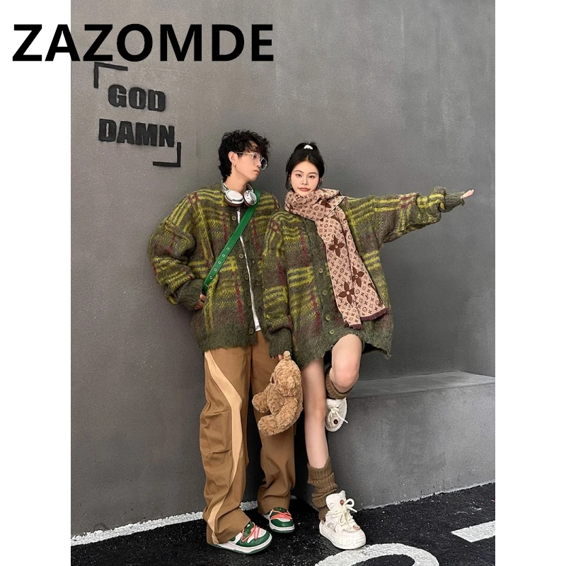 ZAZOMDE Winter New Vintage Oversize Sweaters Streetwear Y2k Clothes Knitted Jumper Jacquard Fashion Couple Cardigan Sweater Coat