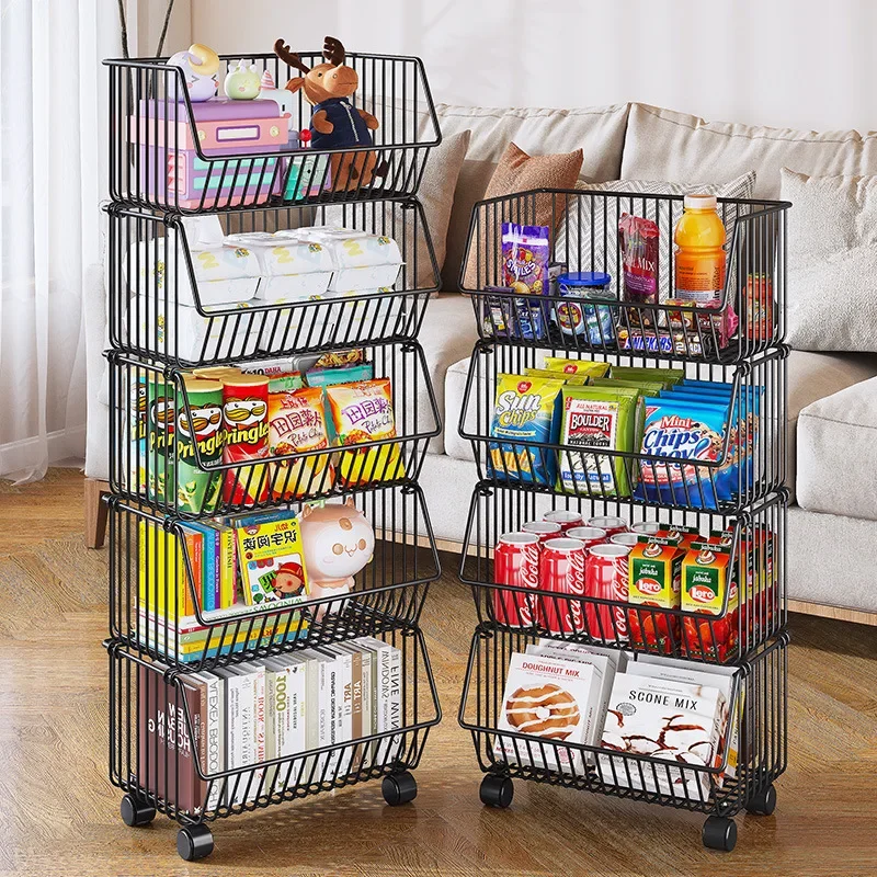 

Kitchen Vegetable Storage Rack with Wheels, Pushcart with Baskets for Fruit Storage, Multi-layer Stackable Floor Storage Shelf