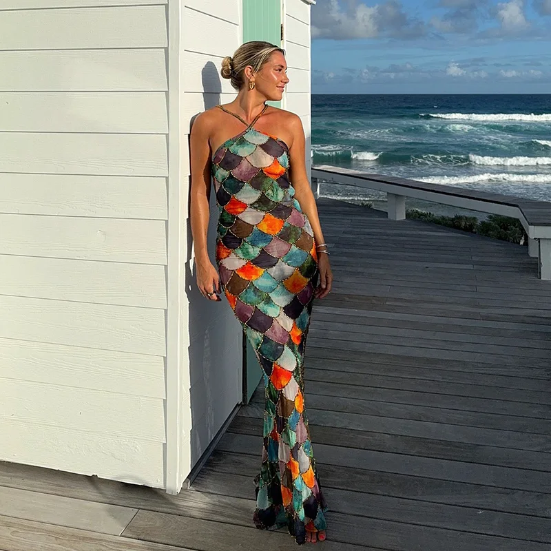Seksowny nadruk długa sukienka wiązana na szyi damska bez rękawów Backless pakiet biodrowy kobiece sukienki imprezowe 2025 wiosna lato Lady błyszczące szaty nowość