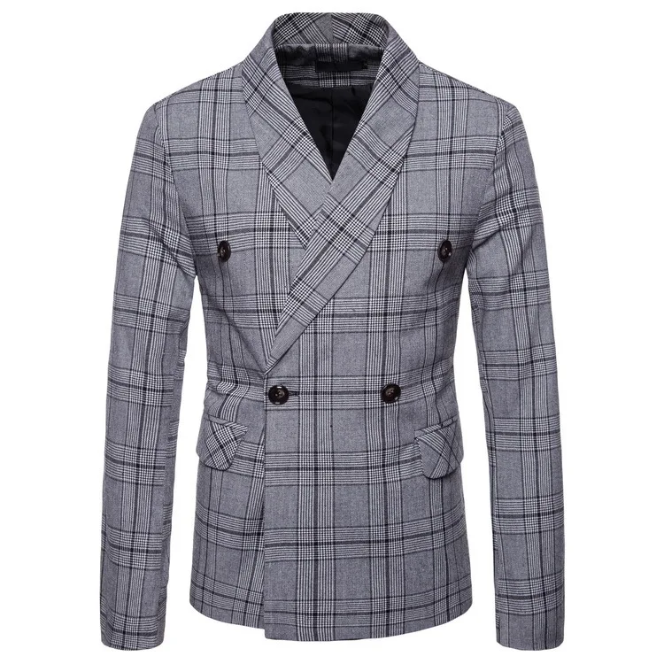 

KIDWHXR Suit Coat Men Autumn Fashion Plaid Double-breasted Male Outerwear Turn Dwon Collar Long Sleeve Versatile Man Blazer