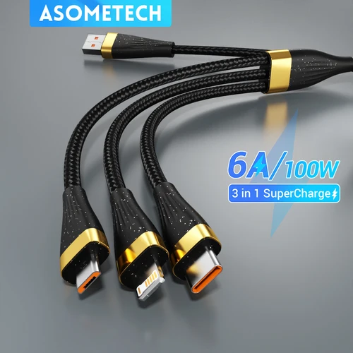 ASOMETECH 3 in 1 USB 충전 케이블, 화웨이 아너 휴대용 마이크로 USB C타입 충전 케이블, 아이폰 14, 삼성용, 6A, 100W 