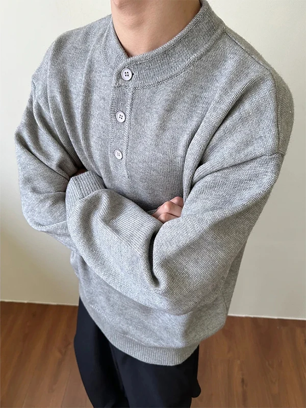 

Men's Henry Collar Knitted Sweater Pure Color Casual Loose Fit Autumn Winter Faionable Versatile Overhead Knitwear