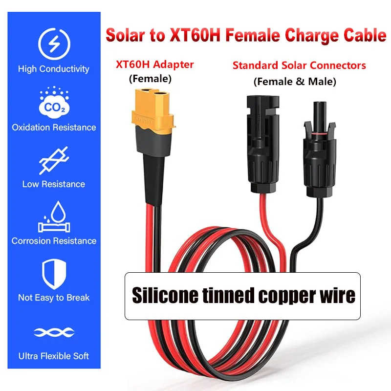 12AWG (1m~10m) XT60H-F Solar Silicone Extension Cable Solar Panel Connector to XT60 Adapter for Solar Generators, Battery Banks