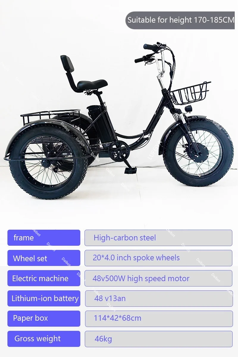 500W 48V Faltbares Elektro-Fatbike für Erwachsene mit Korb, 20 Zoll 3-Rad Elektro-Lastendreirad, faltbar, herausnehmbarer Akku – Detail 7