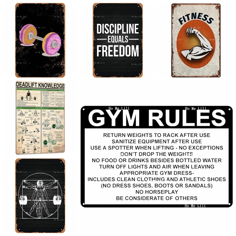 Mancuerna de Vitruvio de motivación de gimnasio para hombre, reglas de gimnasio, barra de donut, moral igual a la libertad, Fitness, letrero de Metal, decoración de pared