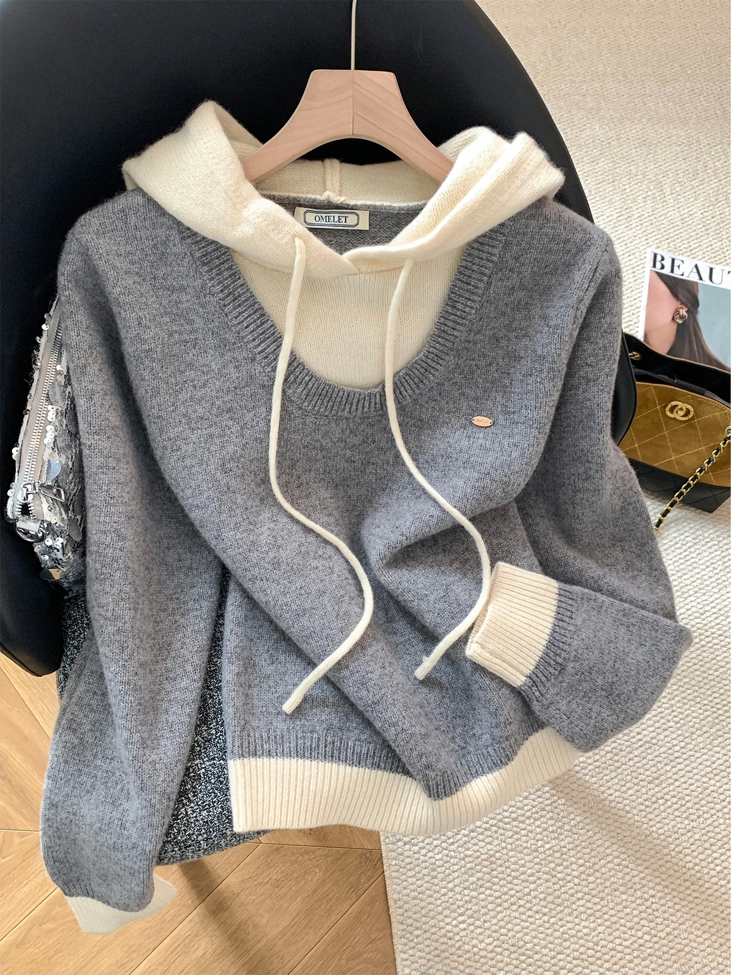 

Simple Yet Chic Lazy Sle Color Blo Hoodie Women's Autumn Winter Knitted Sweater Trendy Versatile Soft Loose Fit Daily Wear