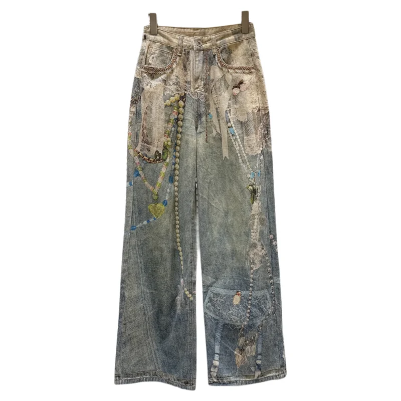Street Sle Cool Girl Stampa astratta Diamond kets Jeans a gamba larga Sexy Lady Trendy Autunno Nuovo arrivo Jeans estivi casual