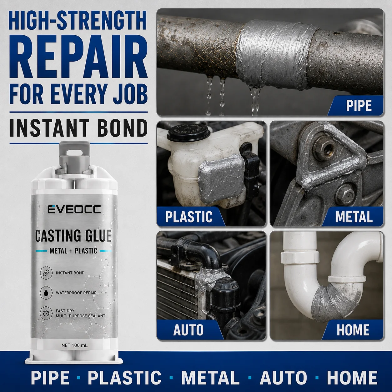 EVEOCC Strong Casting Repair Glue, 100ml Waterproof Instant‑Bond Multi‑Purpose Sealant for Metal Plastic Crack Repairs