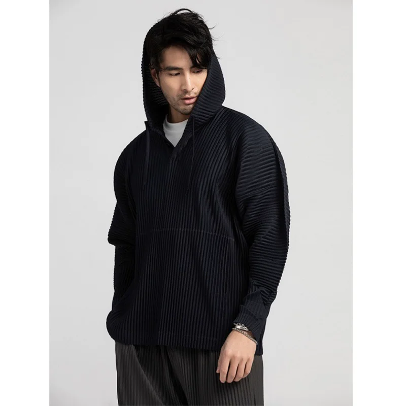 Pleats Pleated Hoodies for Men Black Hoodie 2023 Solid Color Coat Breathable Loose Drawstring Casual Top Man Clothing