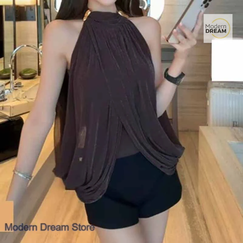 

French metal buckle cloak-style drape relaxed fine flashing vest top women's spring and summer new high-end beautiful blouse