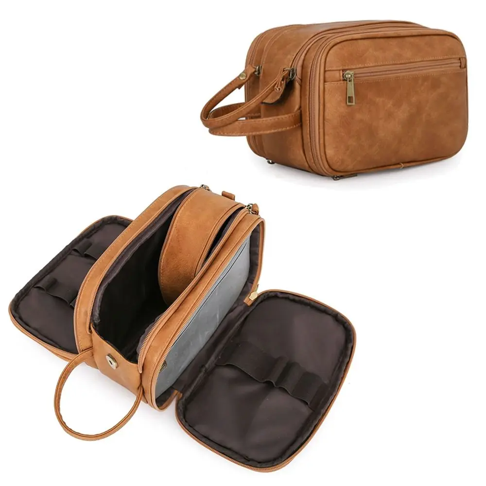 Vintage Waterproof Toiletry Bag PU Leather Double Side Shaving Pouch Large Capacity Portable Travel Wash Case Business