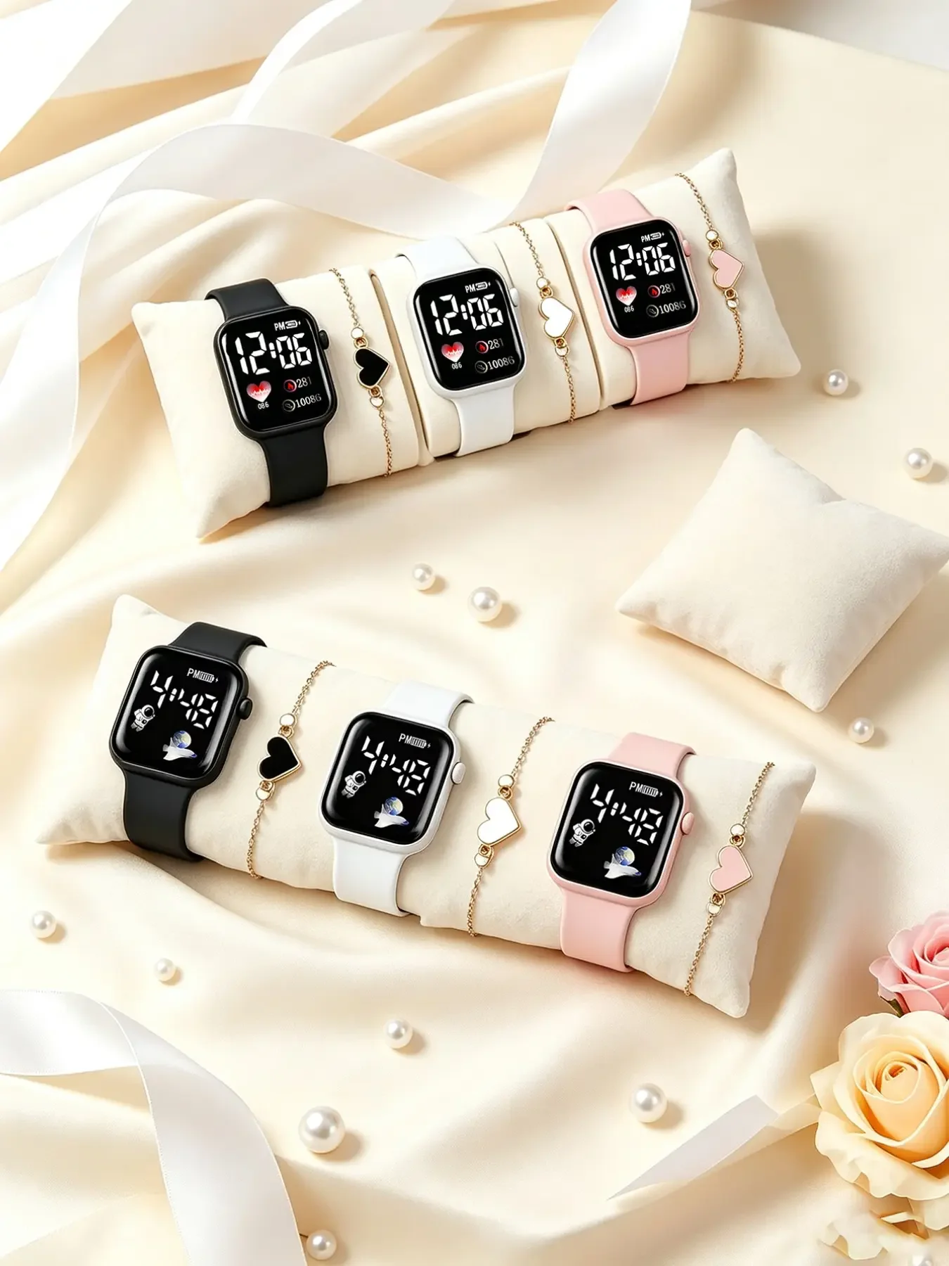 Fashionable rectangular LED digital watch set, paired with a heart-shaped bracelet, a preferred gift for couples,