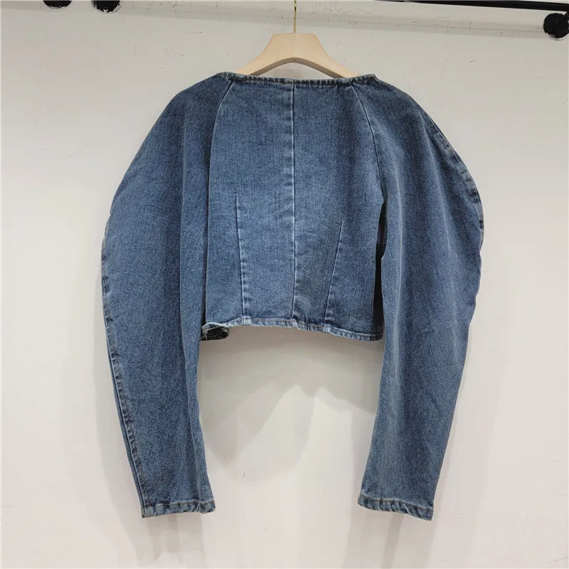 Spring New Manual Beading Diamond Blue Denim Jacket Round Collar Puff Sleeve Irregular Single Button Short Jeans Jacket Female