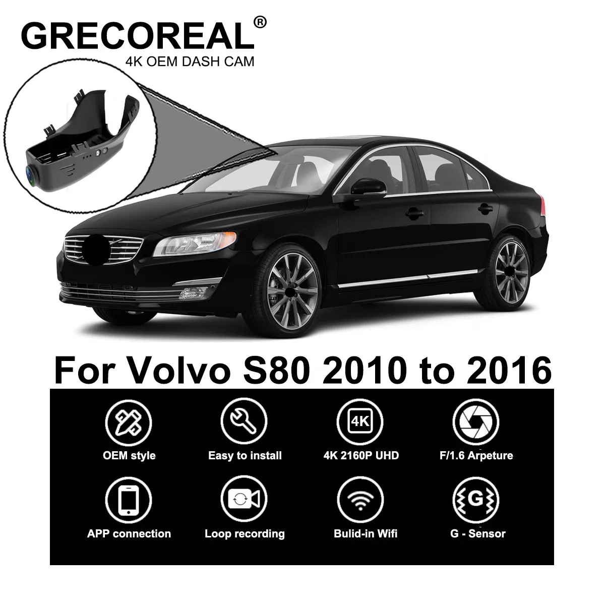 

GRECOREAL 4K Dash Cam Front and Rear 2160P WiFi Dual Dashcam APP Control Easy Install Plug Play Compatible with Volvo S80 S80L