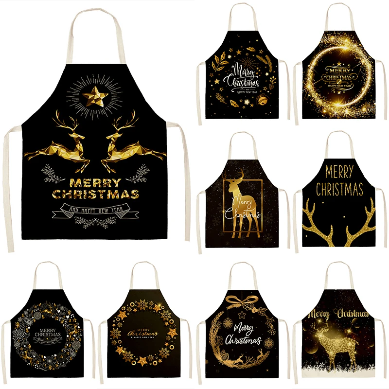 Kitchen Apron Christmas Gold Black Gift Pattern Cleaning Apron Adult Bib Apron Kitchen