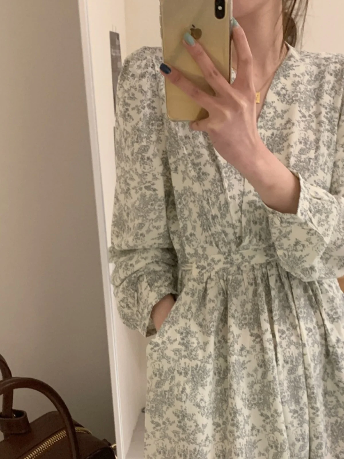 High Waist V-Ne Floral Long Dr Korean Sle Tea Break Skirt Women's Ele A-Line Gown Autumn Season Long Sve