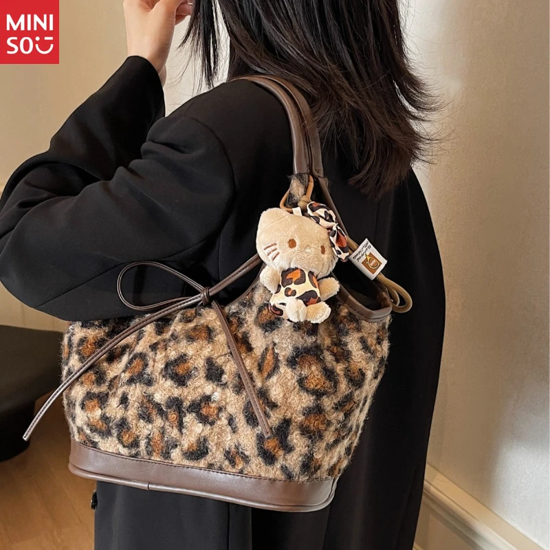 Bolso de mano de leopardo coreano Miniso, bolso de hombro con asa de lazo de felpa para ir al trabajo
