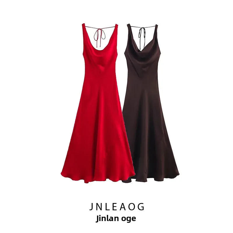 JNLEAOG Autumn New Sle Women's Long Satin Feel Dr Wind Design High Waist A-Line Skirt Casual Strapl Gown