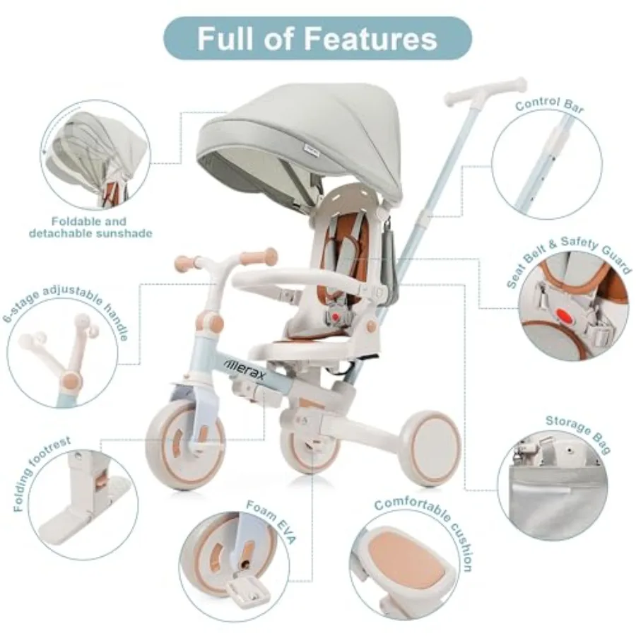 7-in-1 Toddler Push Bike with Parent Control Detachable Footrest Lightweight Aluminum Frame Blue and Pink Options Smooth Ride f