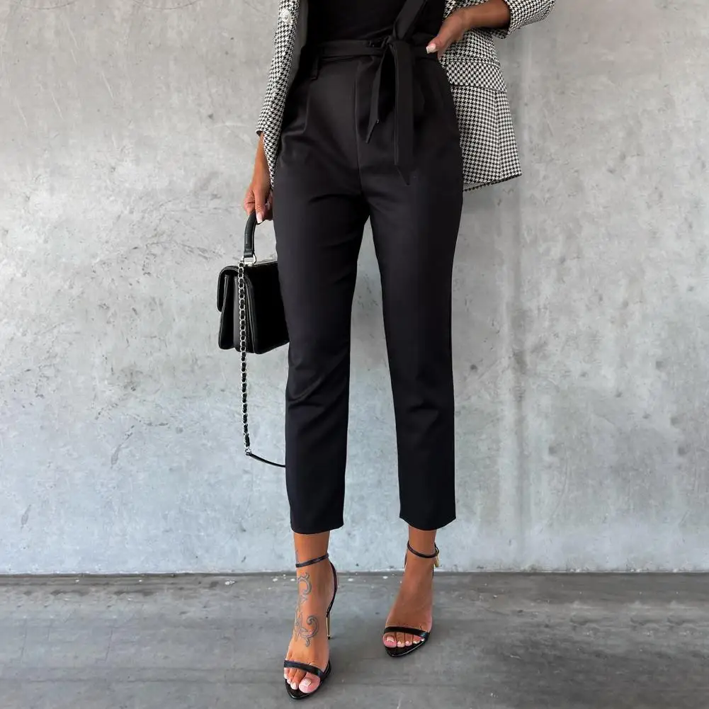 Women Straight Fit Pants Stylish Lace-up High Waist Leather Pants for Women Straight Fit Solid Color Trousers with Elastic