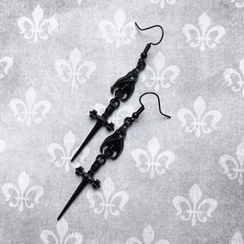 Boucles d'oreilles chauve-souris et épée noires personnalisées, bijoux gothiques, chauve-souris d'halloween