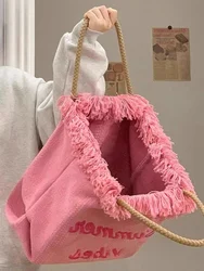 Large Capacity Tote Bag Fringe Bag 2024 Summer New Pink Canvas Women's Handbag Commuter Shoulder Bag