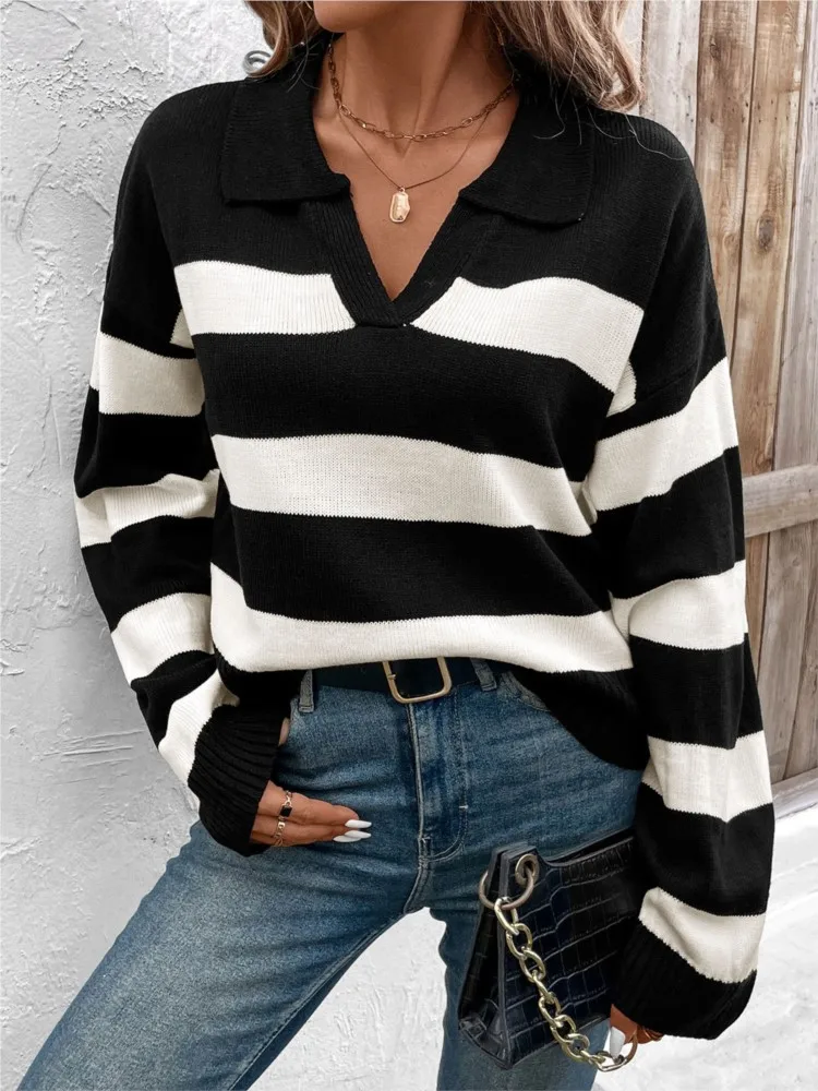 가을 겨울 여성 캐주얼 니트 스웨터 세련된 라펠 컬러 블록 스트라이프 풀오버 스웨터 우아한 여성 의류