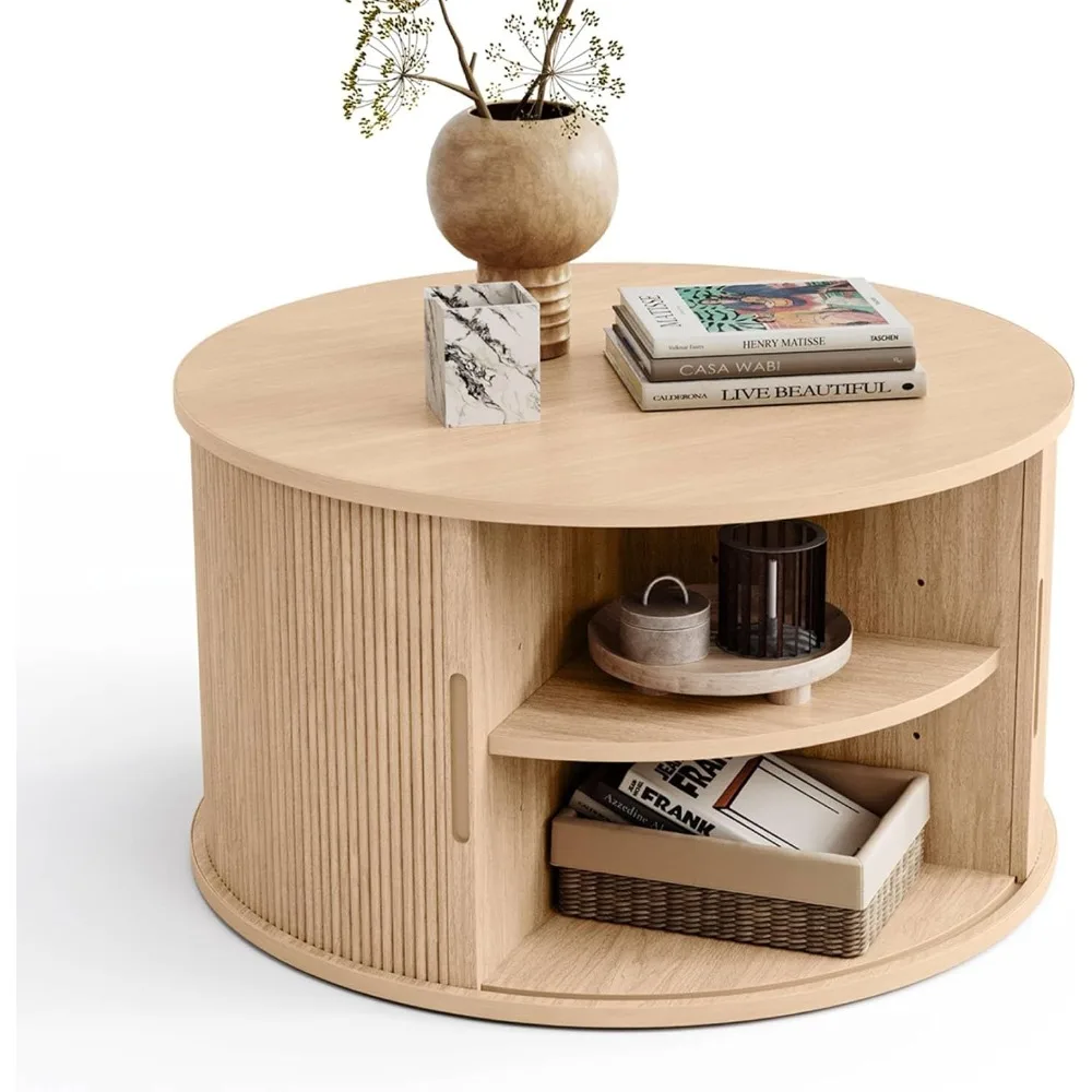 

Round Coffee Table, 31.5" Drum Coffee Table with Sliding Tambour Door, Fluted Accent Center Table with Storage, Mid Century Mod