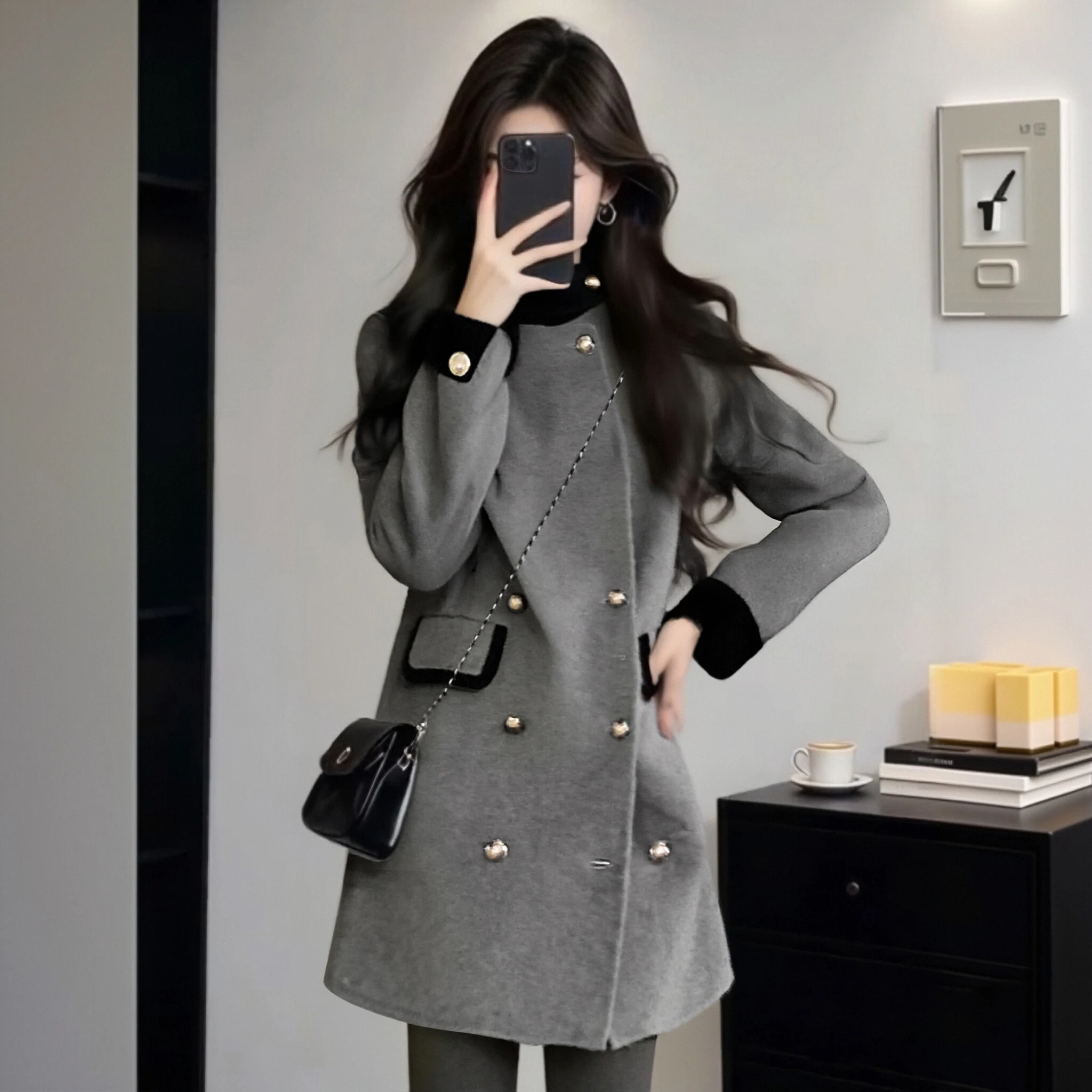 

Spring 2026 New Arrival Premium Loose Fit Color Block Woolen Coat Korean Style Long Sleeve Double Breasted Women's Jacket