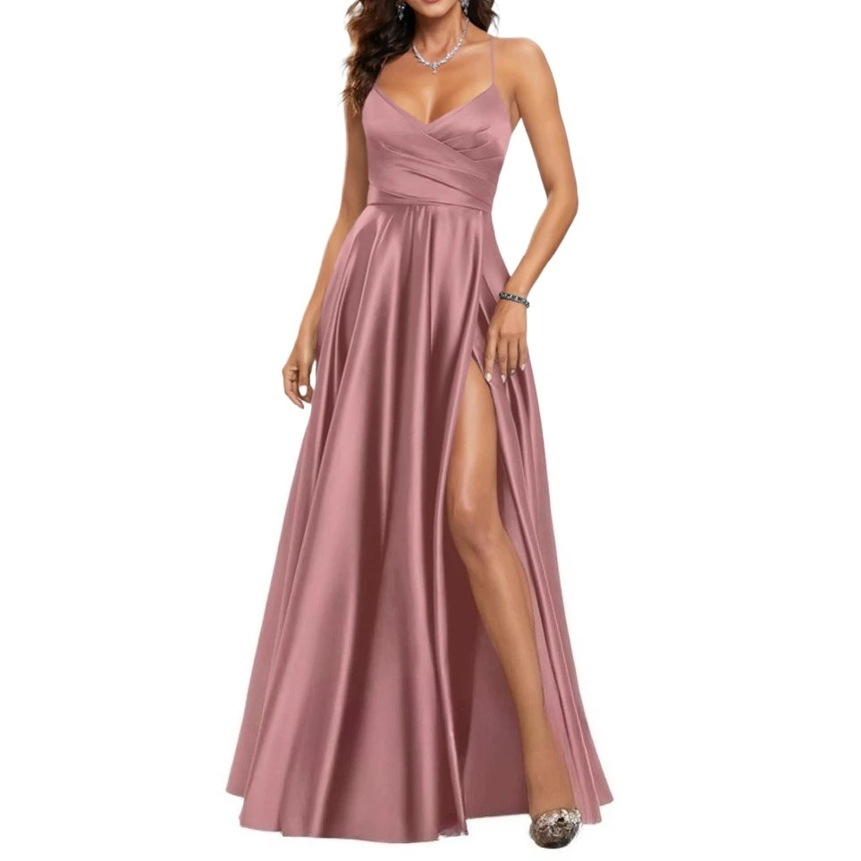 Classic Spaghetti Straps Side Split Back Lace Up Satin Long Bridesmaid Dress