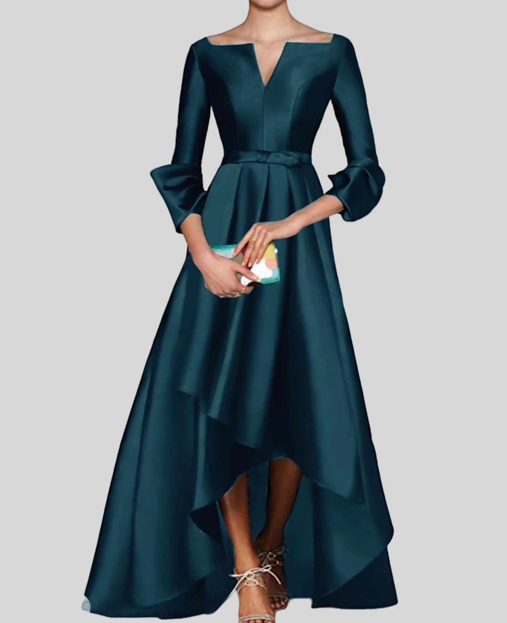 A-Line Evening Gown Elegant Dress Dress Formal Wedding Guest Asymmetrical 3/4 Length Sleeve V Neck Satin with Bow